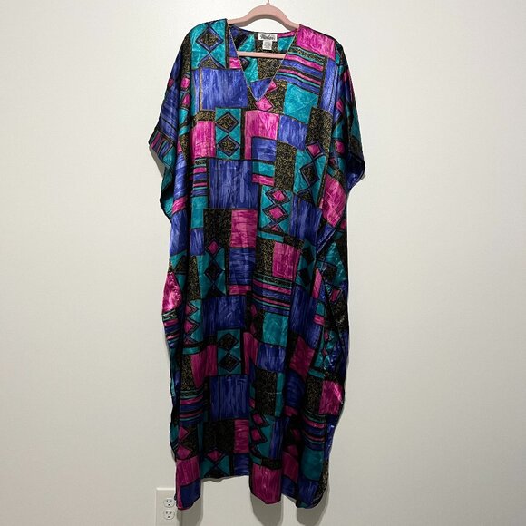 Winlar Womens Satin Kaftan One Size Jewel Tone Patchwork Artsy Eclectic Resort - Picture 1 of 6
